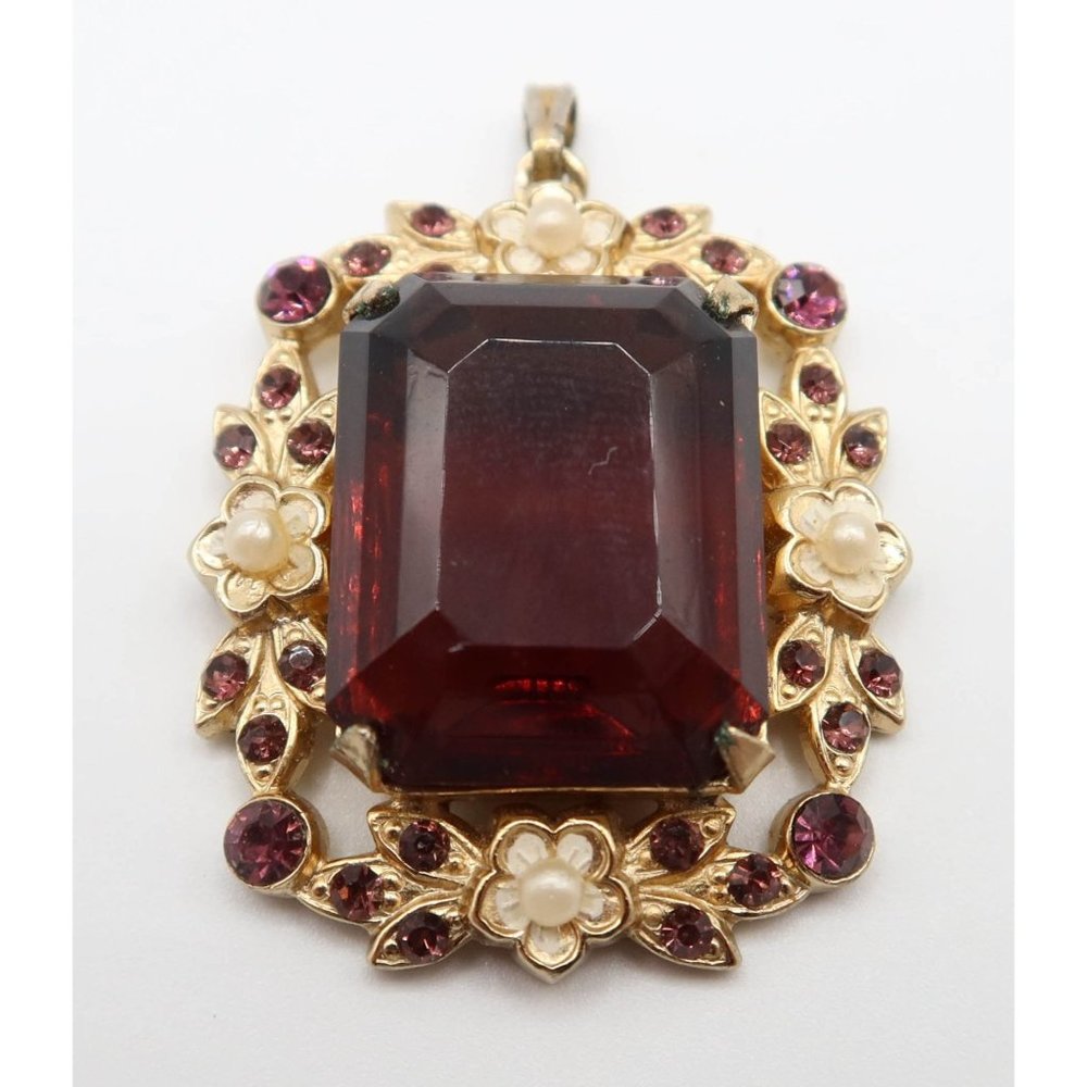 Vintage Victorian Style Deep Burgundy Purple Glass Faux Pearl Rhinestone Pendant